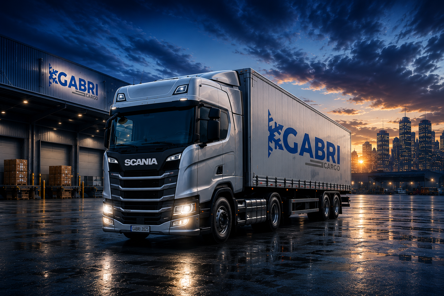 A large semi-truck drives along a highway at sunset.
